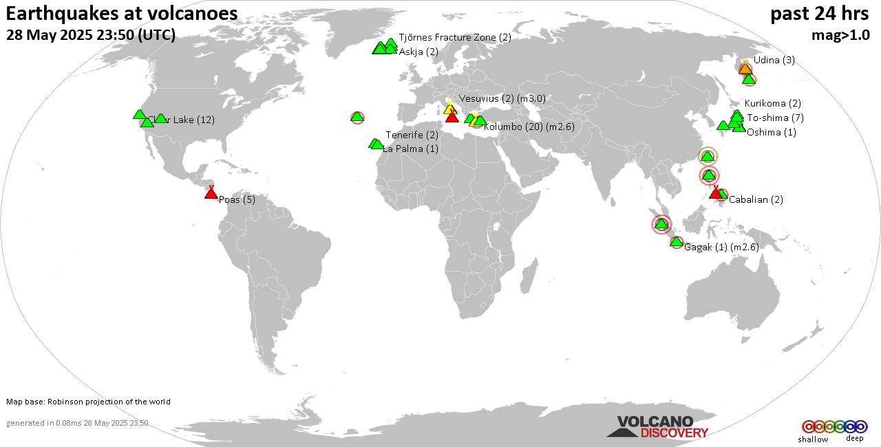 World map showing volcanoes with shallow (less than 50 km) earthquakes within 20 km radius  during the past 24 hours on 28 May 2025 Number in brackets indicate nr of quakes.
