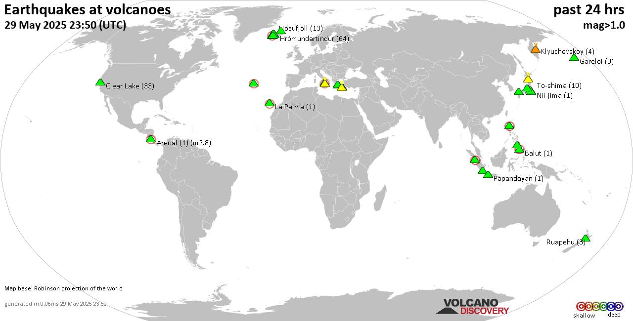 World map showing volcanoes with shallow (less than 50 km) earthquakes within 20 km radius  during the past 24 hours on 29 May 2025 Number in brackets indicate nr of quakes.