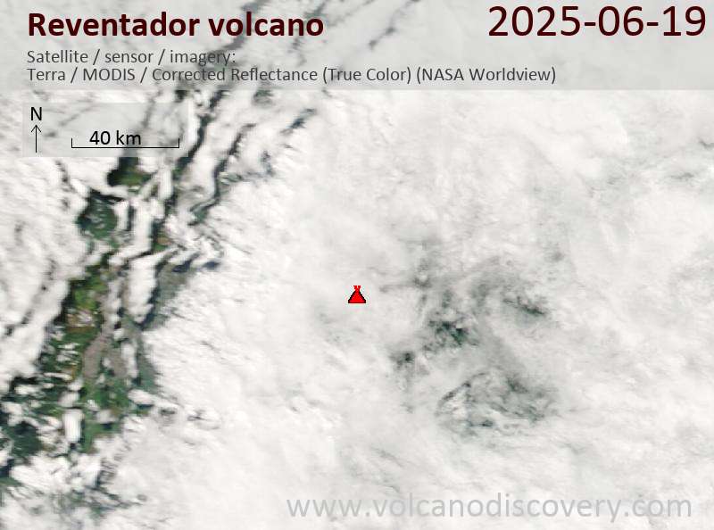 Satellite image of Reventador volcano on 19 Jun 2025