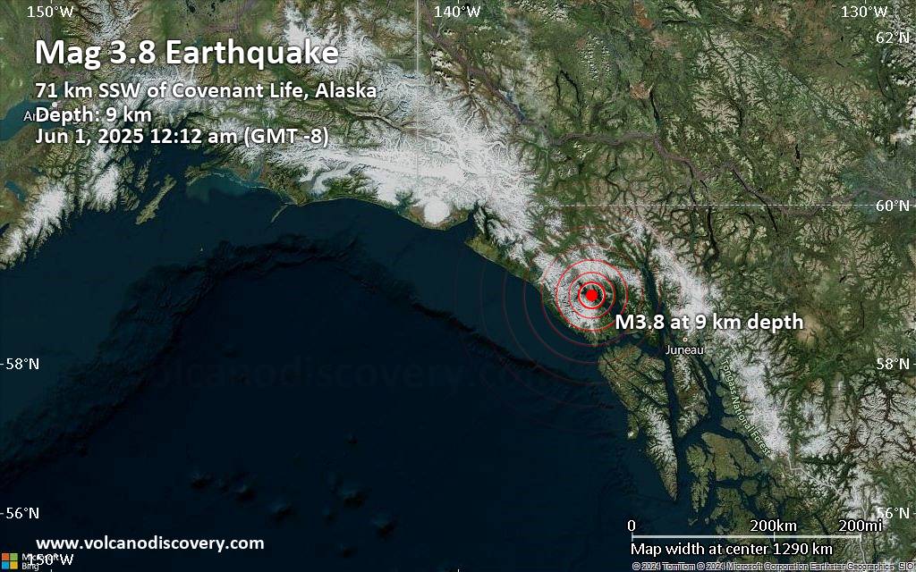 Magnitude 3.8 earthquake strikes near Covenant Life, Haines, Alaska, USA