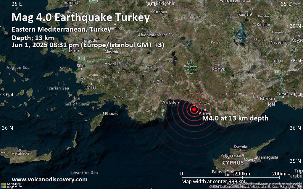 Moderate magnitude 4.0 earthquake 28 km southeast of Manavgat, Turkey