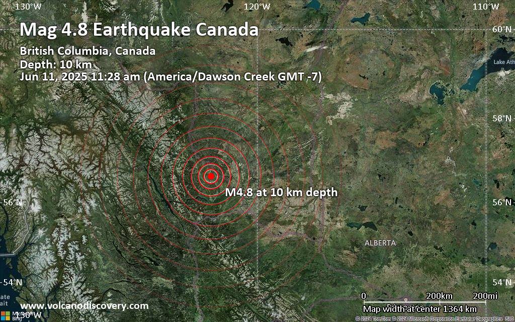 Moderate magnitude 4.8 earthquake 52 miles northwest of Fort St. John, Canada