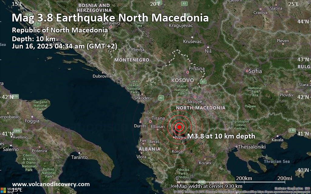 Small magnitude 3.8 quake hits 9 km northeast of Ohrid, North Macedonia early morning