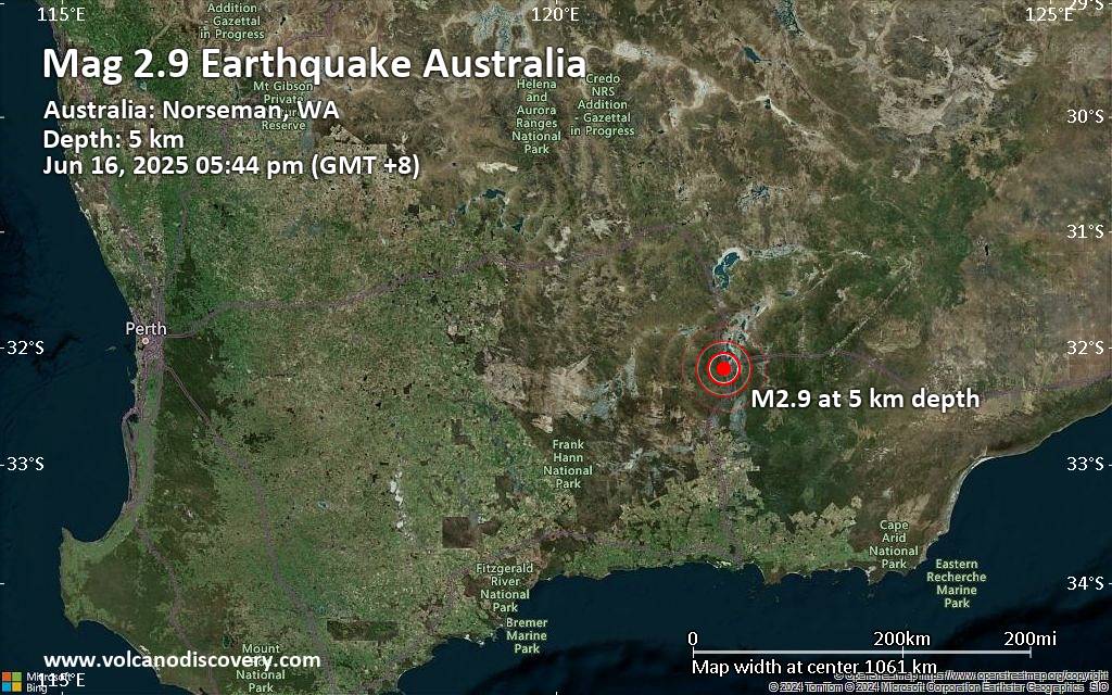 Small magnitude 2.9 quake hits 5 miles northwest of Norseman, Western Australia, Australia in the afternoon