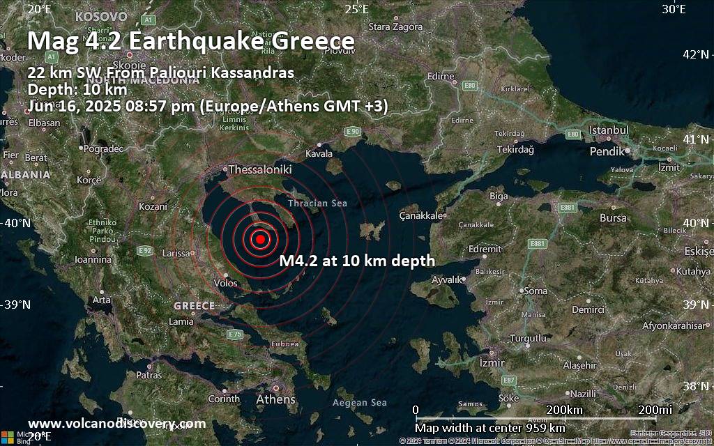 Moderate tremor of magnitude 4.2 just reported 66 km northeast of Volos, Greece