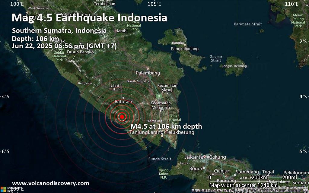 Moderate earthquake of magnitude 4.5 just reported 78 km southwest of Baturaja, Indonesia