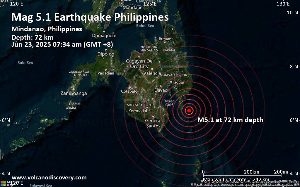 Significant magnitude 5.1 quake hits 71 km southeast of Mati, Philippines in the morning