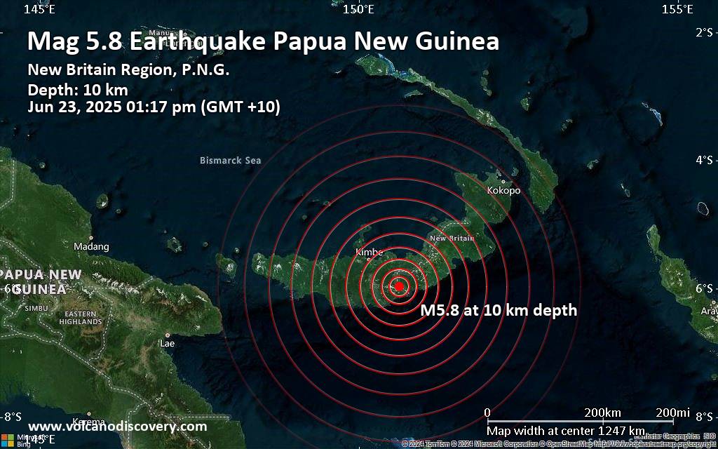 Significant earthquake of magnitude 5.8 just reported 71 km southeast of Kimbe, Papua New Guinea