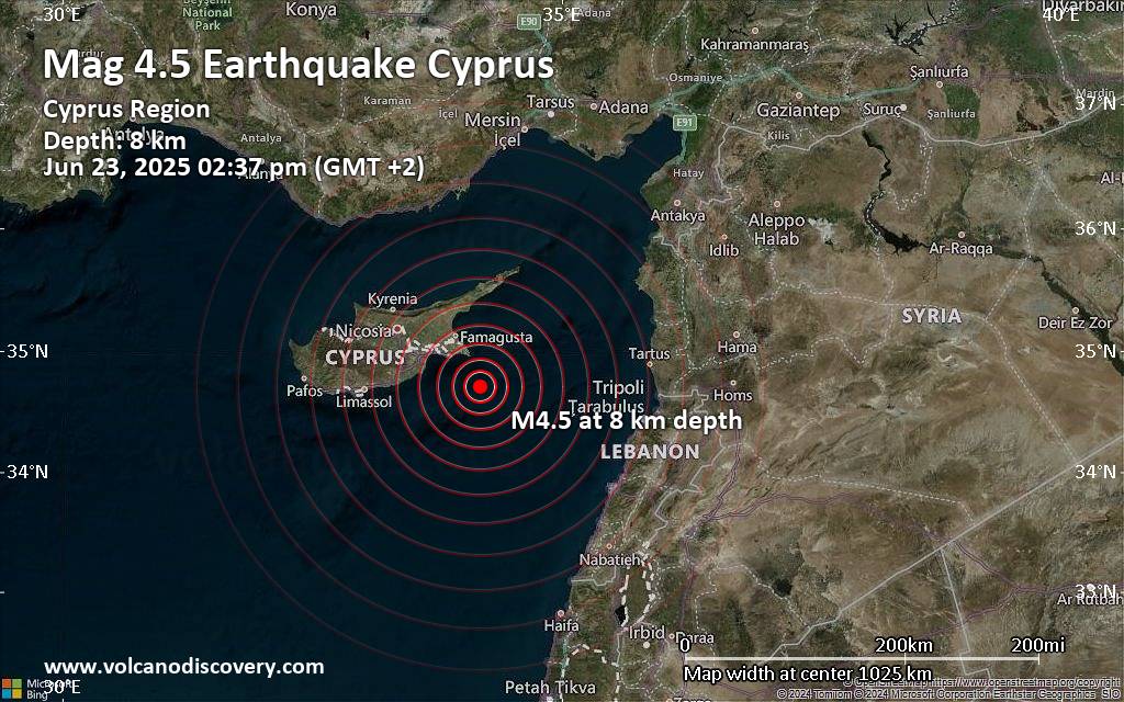 Moderate magnitude 4.5 earthquake 57 km southeast of Larnaca, Cyprus