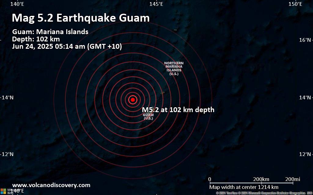 Moderate yet deep 5.2 quake hits near Dededo Village, Dededo, Guam