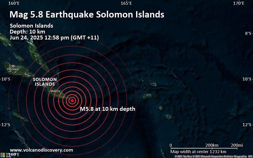 Very strong mag. 6.0 earthquake - Solomon Islands on Tuesday, Jun 24, 2025, at 01:58 am (Universal Time) - information