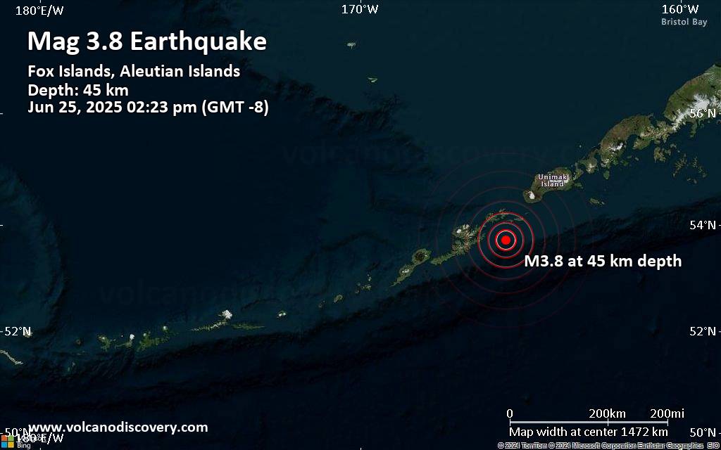 Magnitude 3.8 earthquake strikes near Akutan, Aleutians East, Alaska, USA