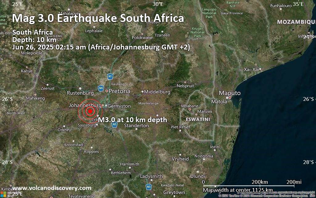 Small magnitude 3.0 earthquake 10 km southwest of Westonaria, South Africa
