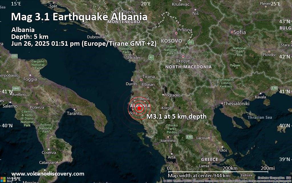 Small tremor of magnitude 3.1 just reported 28 km southeast of Fier, Albania