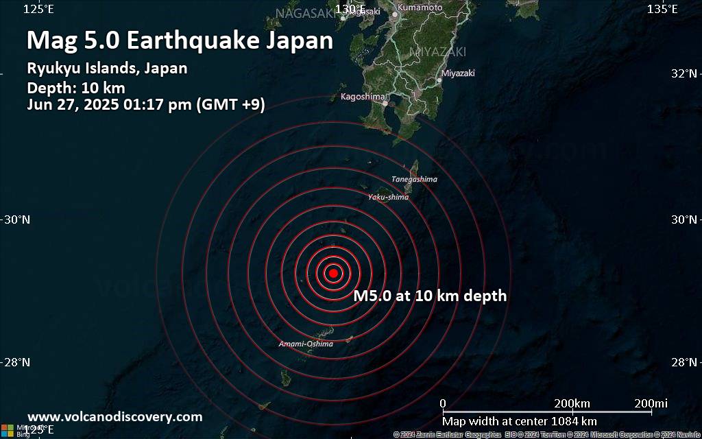 Significant earthquake of magnitude 5.0 just reported 101 km northeast of Naze, Japan