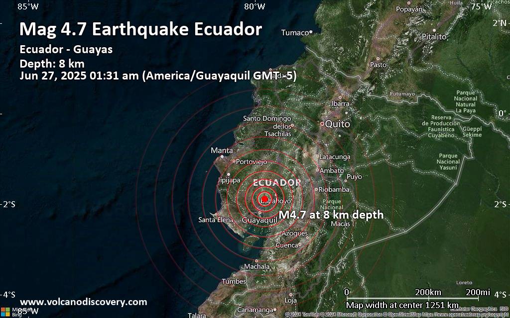 Moderate earthquake of magnitude 4.7 just reported 21 km east of Daule, Ecuador