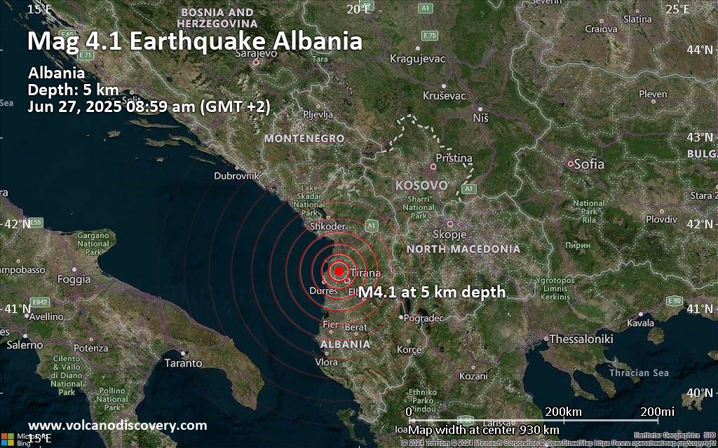 Magnitude 4.1 earthquake strikes near Tirana, Bashkia Tiranë, Albania