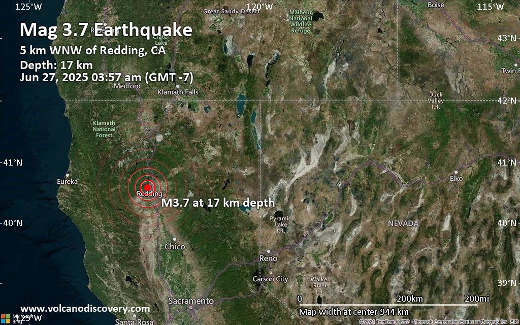 Small magnitude 3.7 quake hits 2 miles west of Redding, California, United States early morning