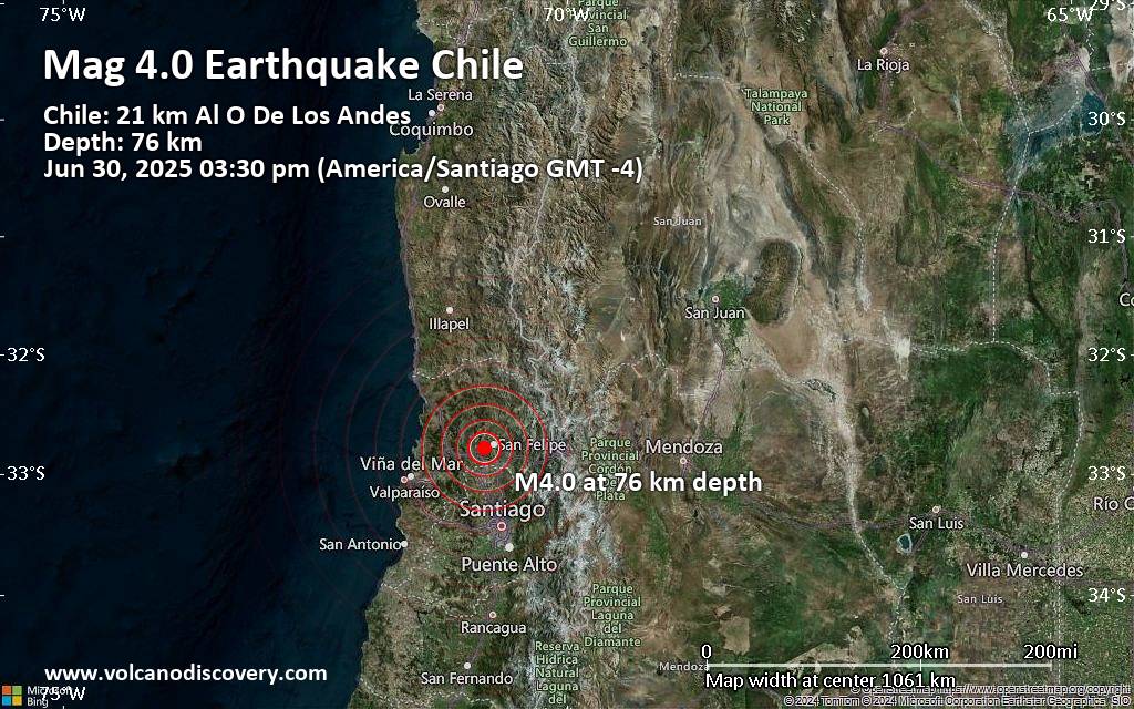 Moderate 4.0 quake hits near San Felipe, Provincia de San Felipe de Aconcagua, Region de Valparaiso, Chile