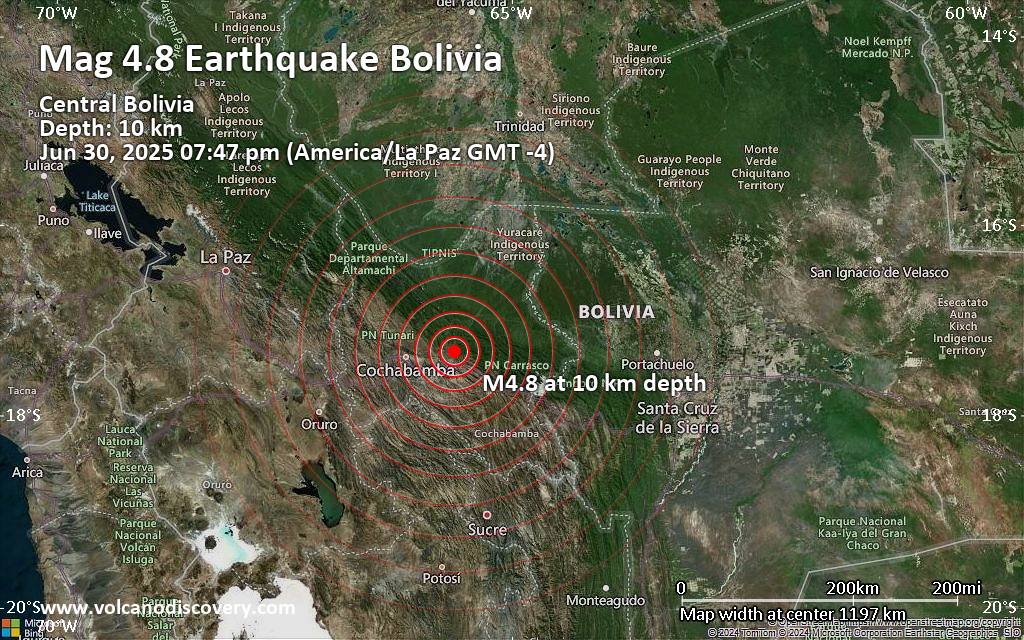 Moderate 4.8 quake hits near Sacaba, Departamento de Cochabamba, Bolivia
