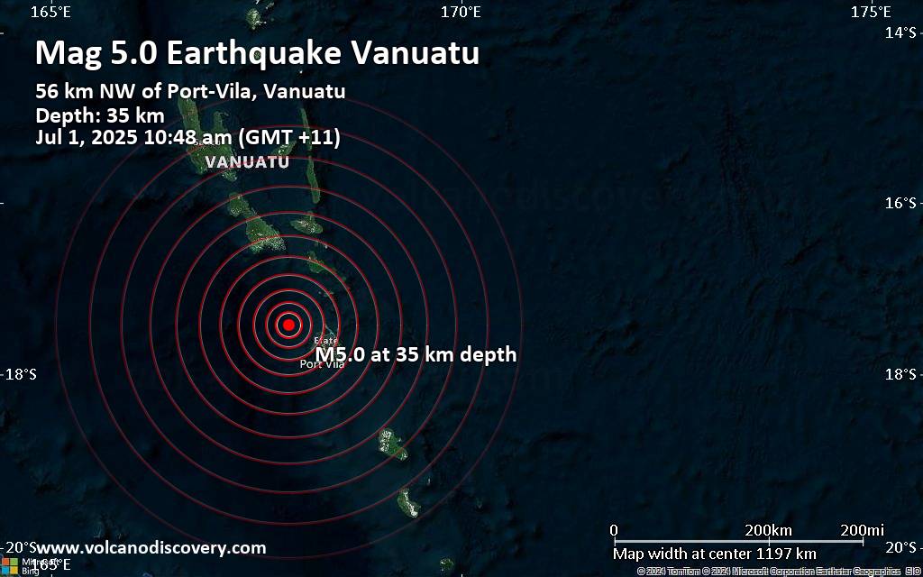 Magnitude 5.0 earthquake strikes near Port Vila, Shefa Province, Vanuatu