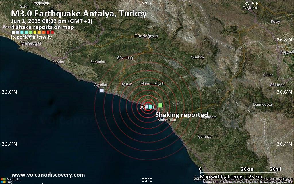 Seismic-like event, possible earthquake, reported few minutes ago near Alanya, Antalya, Turkey