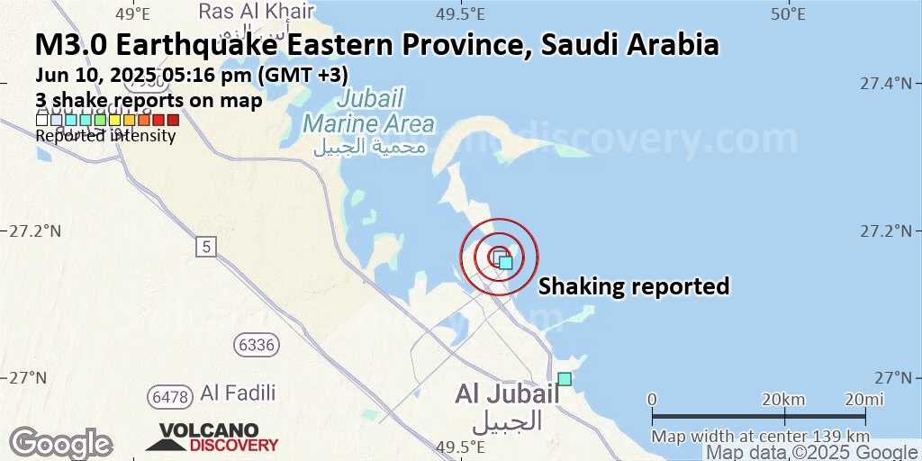 Unconfirmed quake or seismic-like event reported: 18 km north of Jubail, Eastern Province, Saudi Arabia, 3 minutes ago