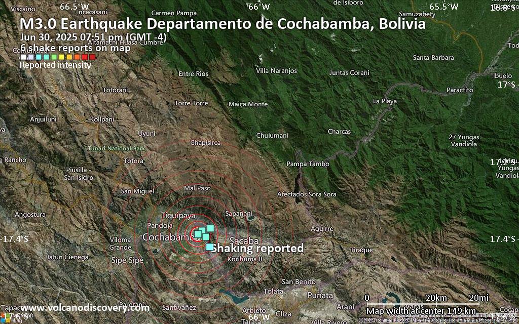 Seismic-like event, possible earthquake, reported few minutes ago near Cochabamba, Cochabamba, Bolivia