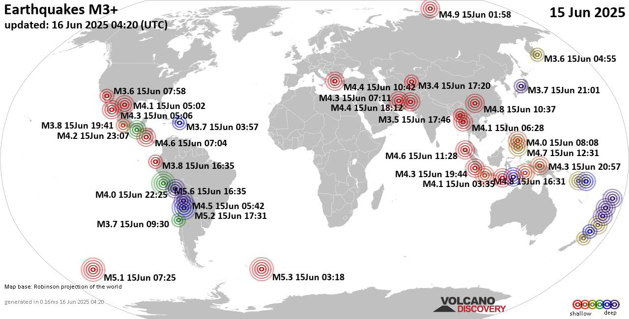 Worldwide earthquakes above magnitude 3 during the past 24 hours on 16 Jun 2025