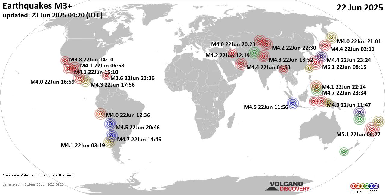 World Earthquake Report for Sunday, 22 June 2025