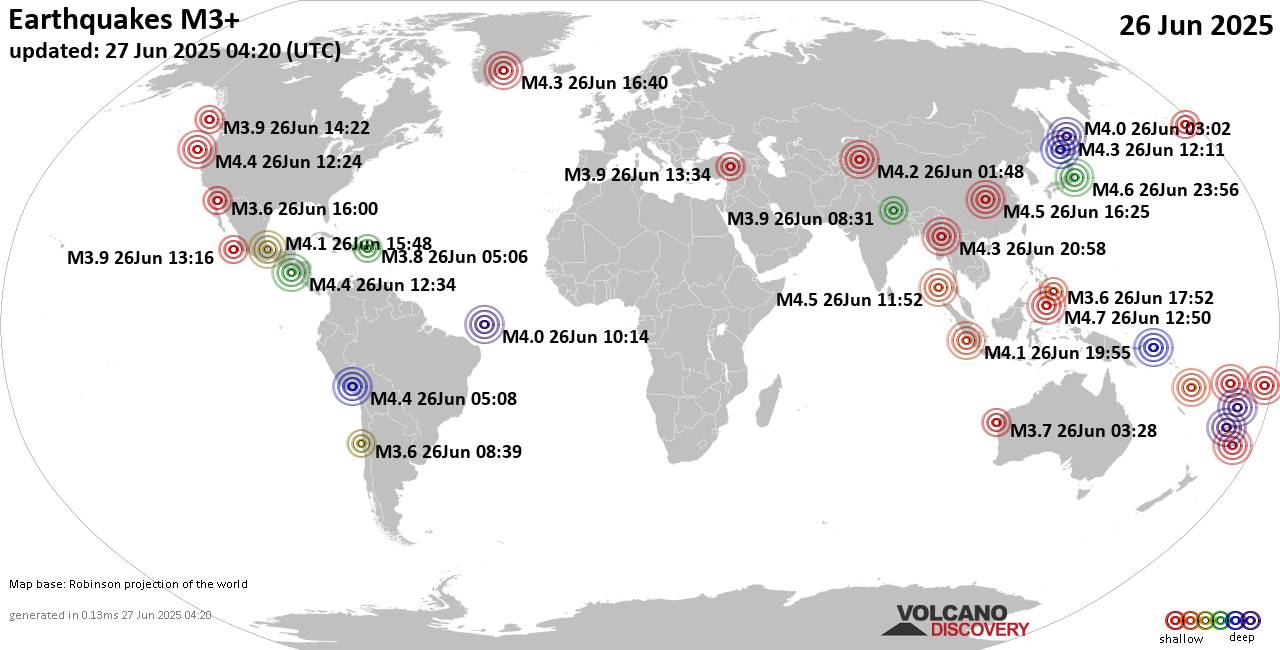 Weltkarte mit Erdbeben über Magnitude 3 während den letzten 24 Stunden past 24 hours am 27. Juni 2025