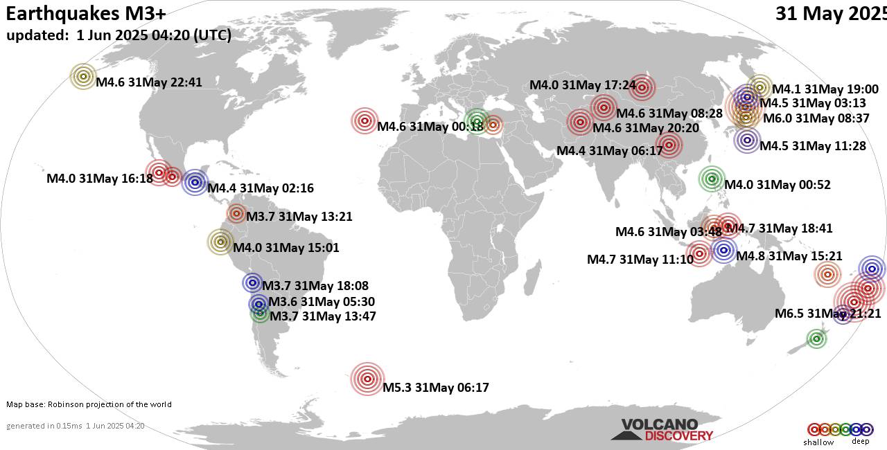 World Earthquake Report for Saturday, 31 May 2025