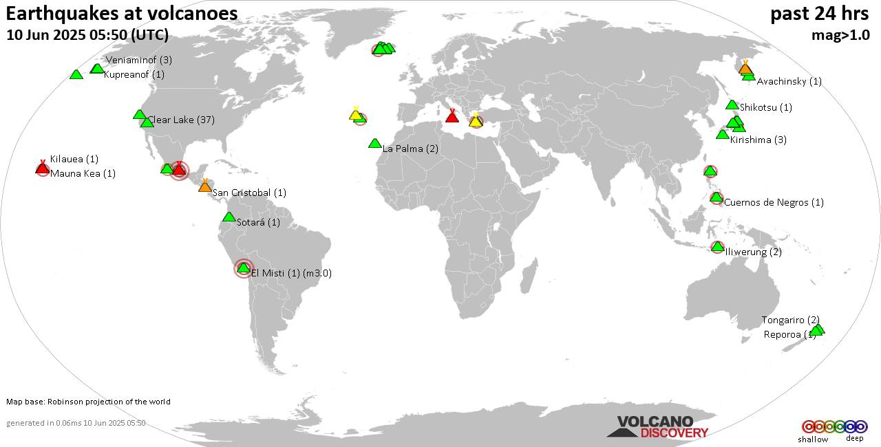 World map showing volcanoes with shallow (less than 50 km) earthquakes within 20 km radius  during the past 24 hours on 10 Jun 2025 Number in brackets indicate nr of quakes.