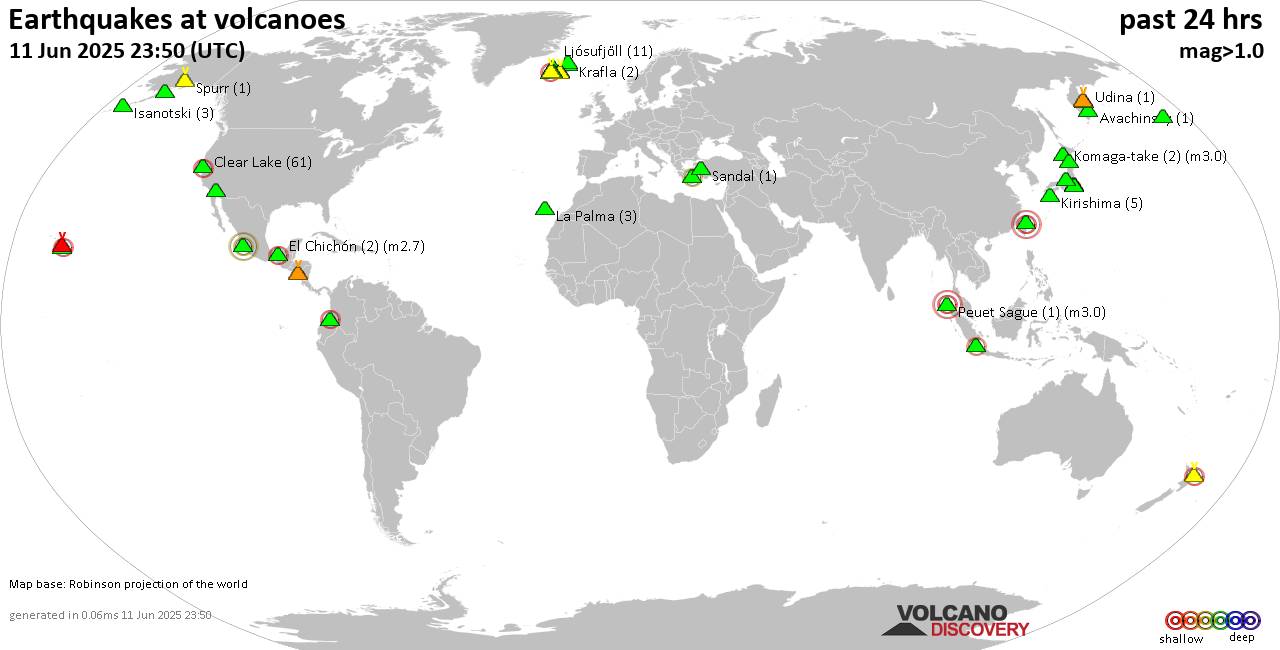 World map showing volcanoes with shallow (less than 50 km) earthquakes within 20 km radius  during the past 24 hours on 11 Jun 2025 Number in brackets indicate nr of quakes.