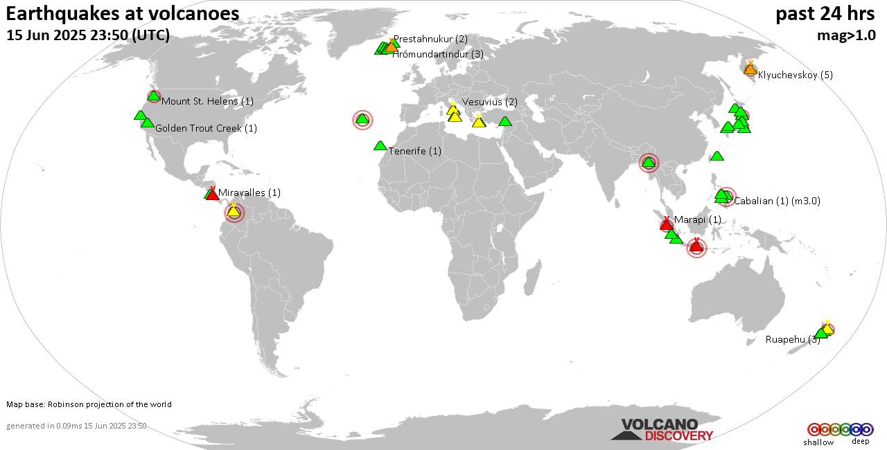 World map showing volcanoes with shallow (less than 50 km) earthquakes within 20 km radius  during the past 24 hours on 15 Jun 2025 Number in brackets indicate nr of quakes.