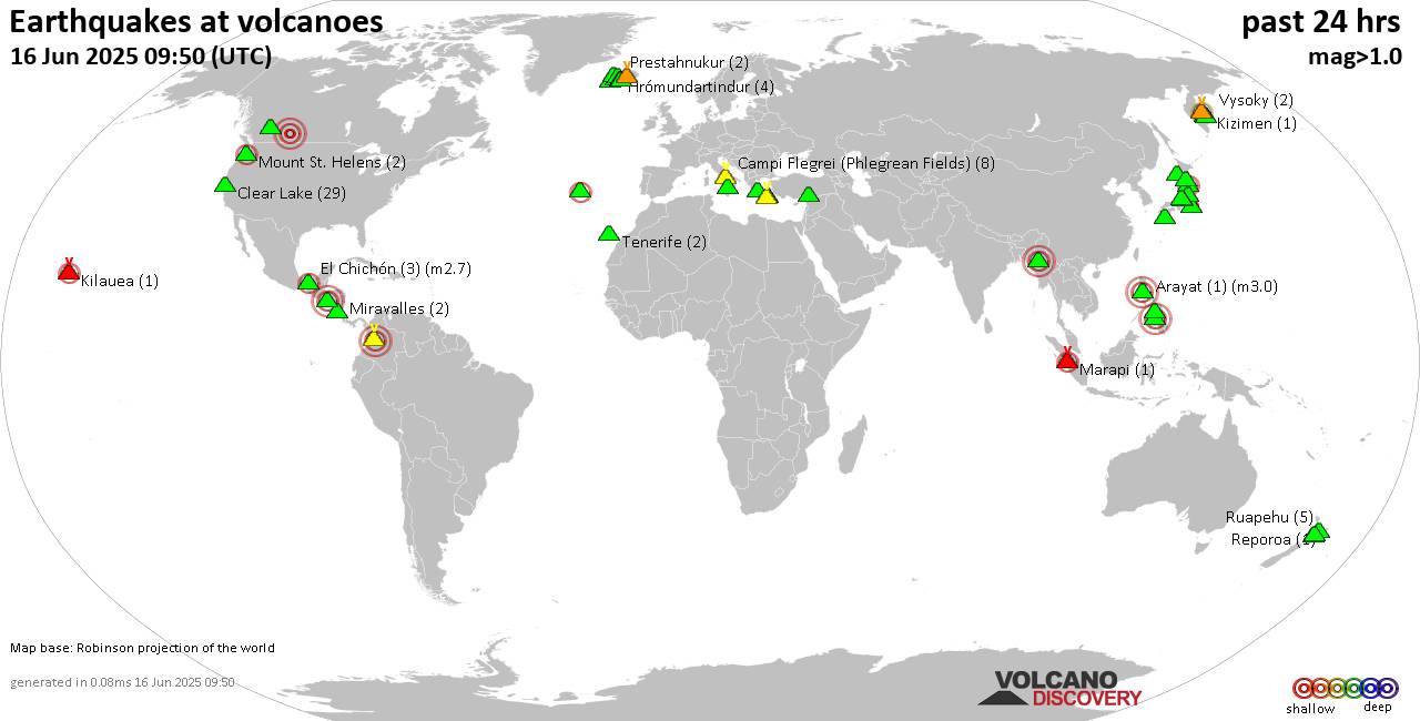 World map showing volcanoes with shallow (less than 50 km) earthquakes within 20 km radius  during the past 24 hours on 16 Jun 2025 Number in brackets indicate nr of quakes.