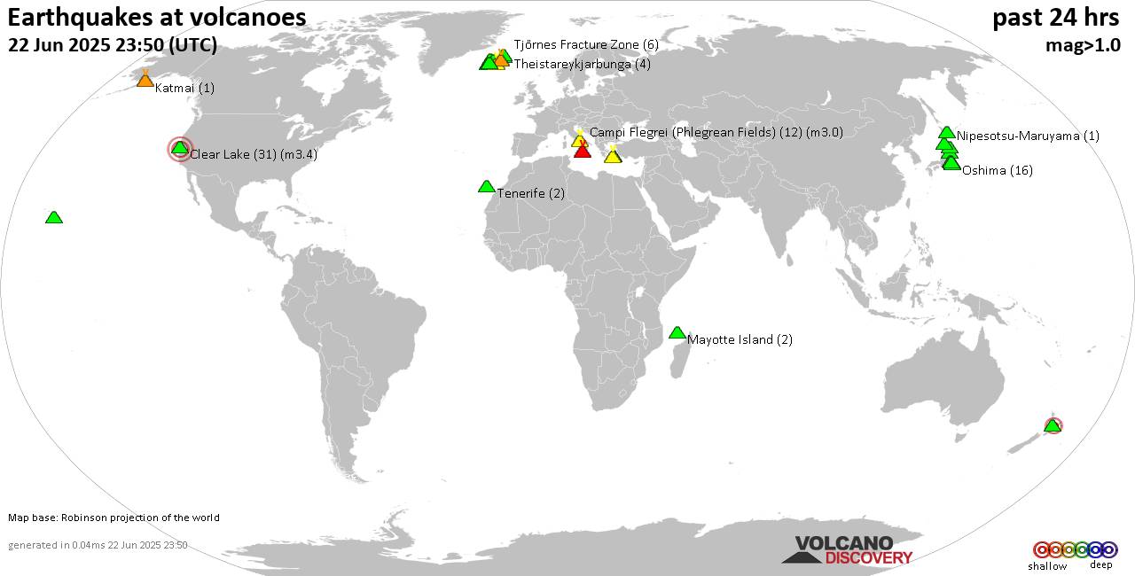 World map showing volcanoes with shallow (less than 50 km) earthquakes within 20 km radius  during the past 24 hours on 22 Jun 2025 Number in brackets indicate nr of quakes.
