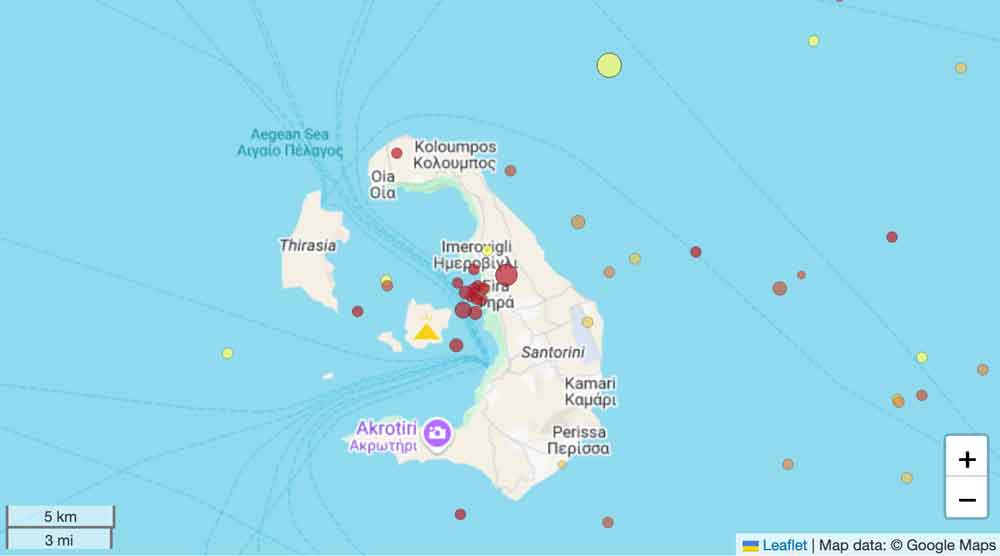 Earthquakes under Santorini volcano (red to yellow circles) during the past 14 days