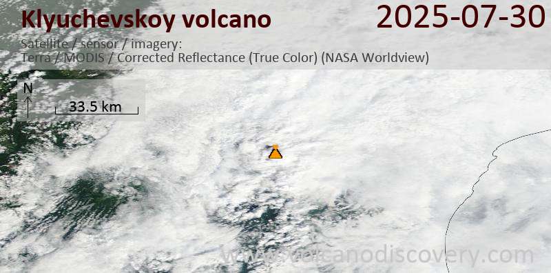 Satellite image of Klyuchevskoy volcano on 30 Jul 2025