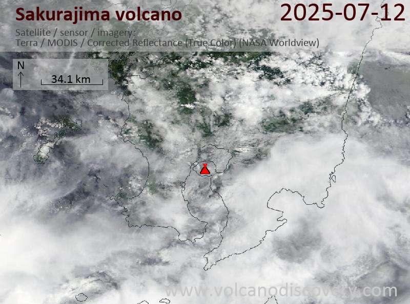 Satellite image of Sakurajima volcano on 12 Jul 2025