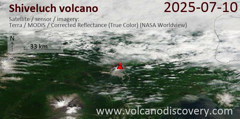 Satellite image of Shiveluch volcano on 10 Jul 2025