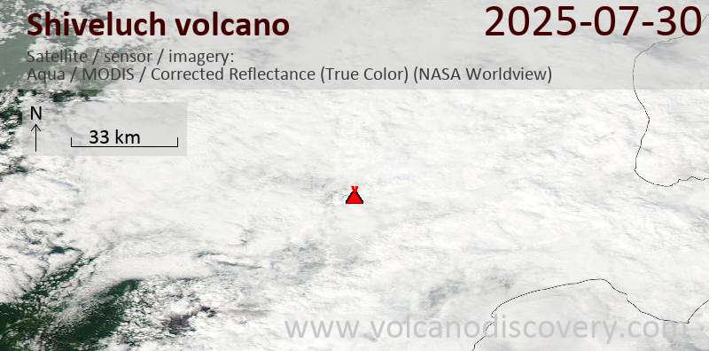 Satellite image of Shiveluch volcano on 30 Jul 2025