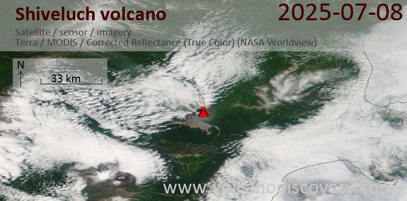 Satellite image of Shiveluch volcano on  8 Jul 2025