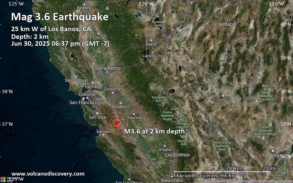 Small magnitude 3.6 quake hits 16 miles west of Los Banos, California, United States early evening