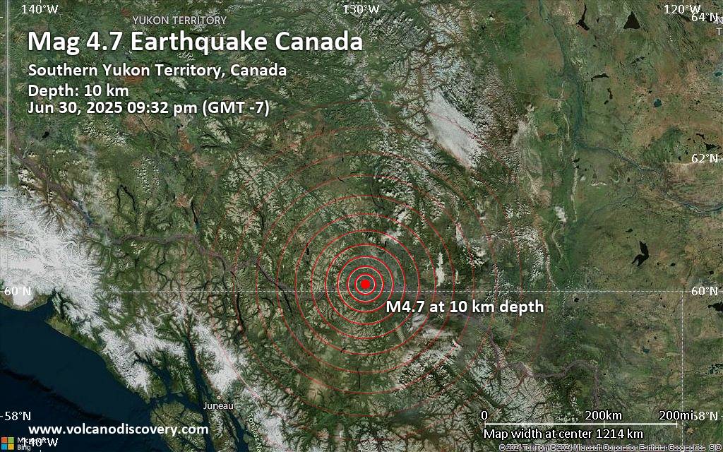 Moderate earthquake of magnitude 4.7 just reported 40 miles west of Watson Lake, Yukon Territory, Canada