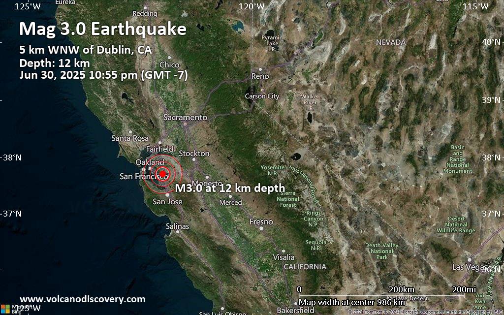 Small 3.0 quake hits near Hayward, Alameda County, California, USA