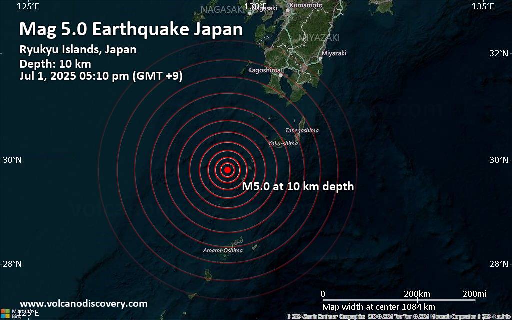 Significant earthquake of magnitude 5.0 just reported 113 km southwest of Kurio, Japan