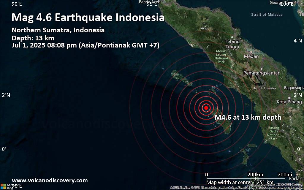 Moderate magnitude 4.6 earthquake 22 km northwest of Lahewa, Indonesia