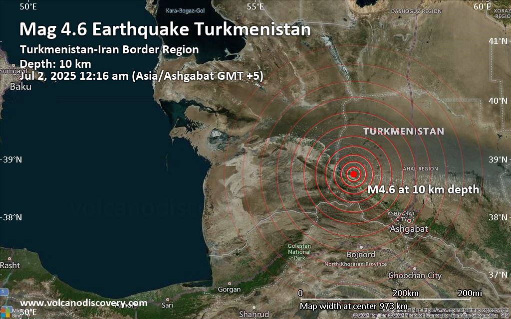 Moderate earthquake of magnitude 4.6 just reported 42 km northwest of Baharly, Turkmenistan