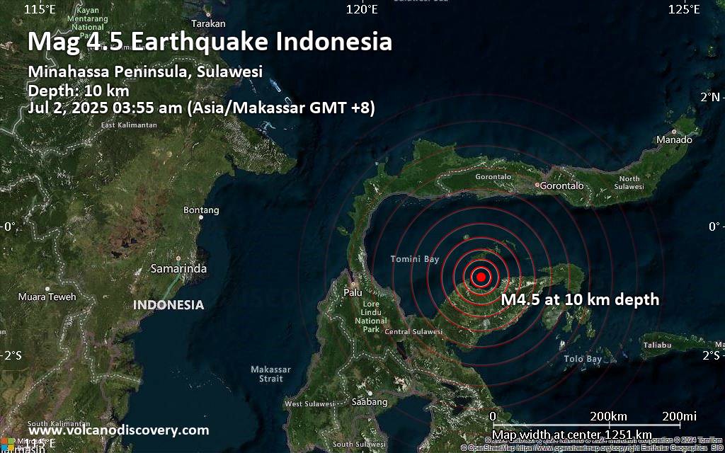 Moderate earthquake of magnitude 4.5 just reported 107 km west of Luwuk, Indonesia